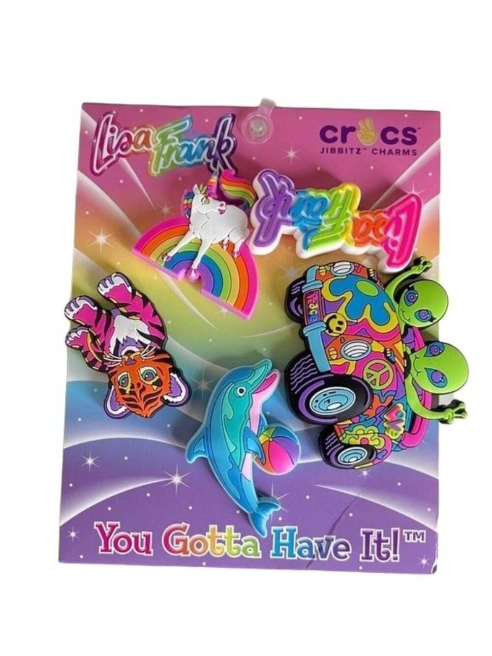 Lisa Frank CROCS jibbitz 5 Shoe Charms collab Alien Peace Unicorn Dolphin Tiger